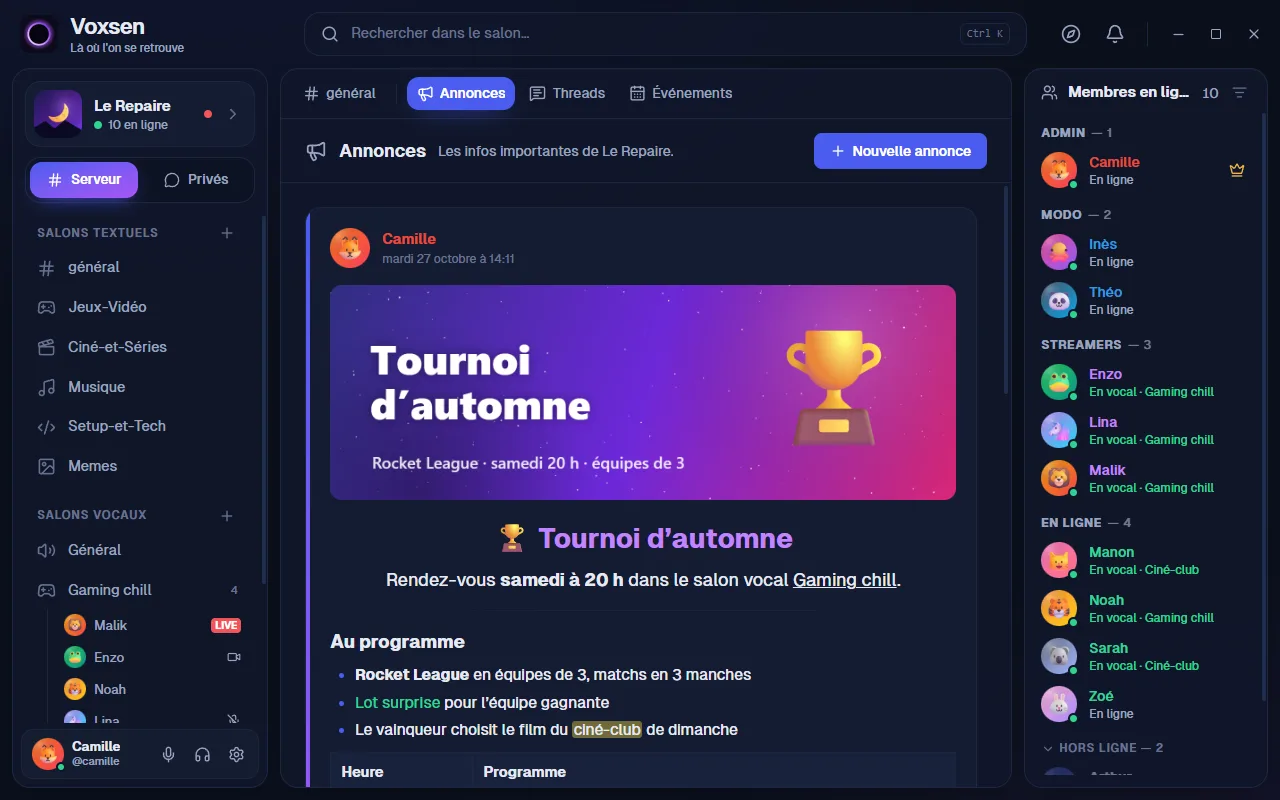 Une annonce Voxsen mise en page avec une bannière, un titre coloré, une liste et un tableau.